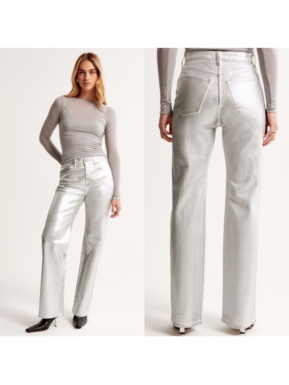 Abercrombie & Fitch Metallic Silver High-Rise 90s Relaxed Jeans 27/4